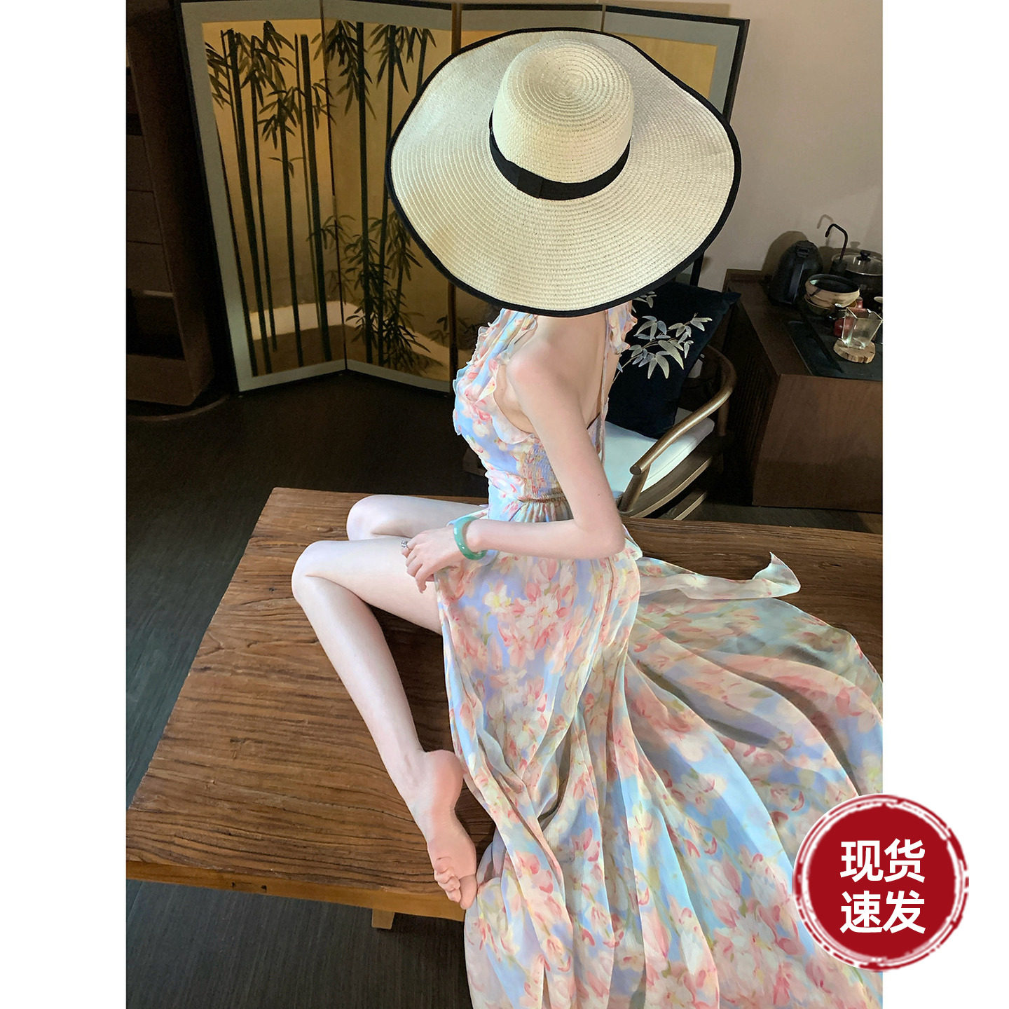 Sun雅乔【游园会】度假风沙滩露背V领侧开衩打揽挂脖连衣裙花裙子