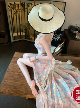 Sun雅乔【游园会】度假风沙滩露背V领侧开衩打揽挂脖连衣裙花裙子