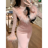 晚香玉 两个版 本 Sun雅乔 秋冬粉色花卉蕾丝鸵鸟毛长款 连衣裙