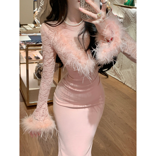 Sun雅乔【晚香玉】两个版本/秋冬粉色花卉蕾丝鸵鸟毛长款连衣裙