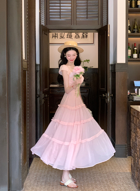 Sun雅乔【花园假日】夏粉色甜美修身两穿一字肩小飞袖蛋糕连衣裙