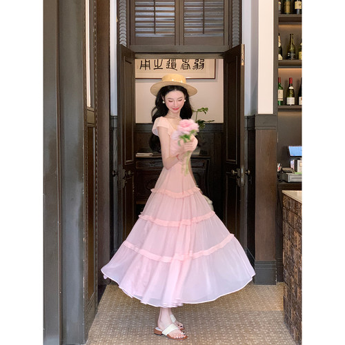 Sun雅乔【花园假日】夏粉色甜美修身两穿一字肩小飞袖蛋糕连衣裙