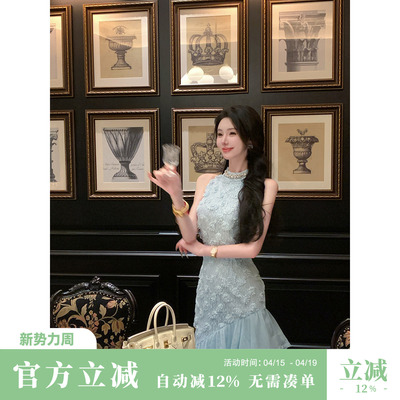 雅乔【幻彩海洋】夏季无袖背心裙千金绣花网纱不规则连衣裙子圆领