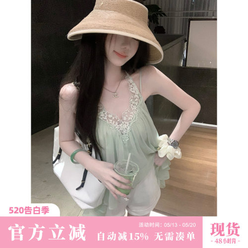 Sun雅乔【风与夏】夏季甜美V领蕾丝花边宽松雪纺娃娃衫无袖上衣女