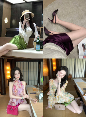 Sun雅乔【微光独白】夏季新款轻奢高档气质绿色醋酸半身裙短裙子