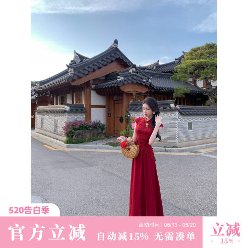 Sun雅乔【月桂】夏季短袖中长款复古优雅气质收腰新中式连衣裙