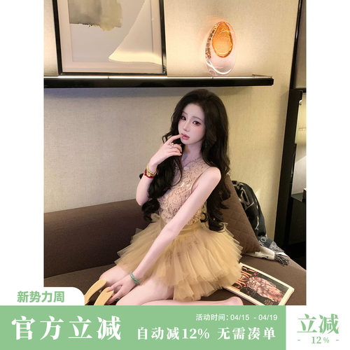 Sun雅乔【吉赛尔】夏季性感辣妹重工蕾丝束腰网纱蓬蓬连衣裙短裙