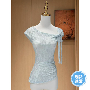 清纯少女甜美设计浅蓝色泡泡皱上衣 Sun雅乔 纯欲泡泡 夏季 新款