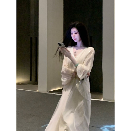 Sun雅乔【金玉浮图】春装复古提花宽松蝙蝠袖假两件长袖连衣长裙