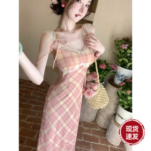 田园风复古温柔少女感撞色格纹连衣裙子 法式 Sun雅乔 冰芒桃桃