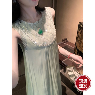 宽松A字裙重工珍珠流光缎背心式 Sun雅乔 无袖 新款 连衣裙 清花赋