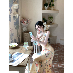 Sun雅乔【橘调午后】夏季无袖扭结V领蕾丝边收腰斜裁鱼尾连衣长裙