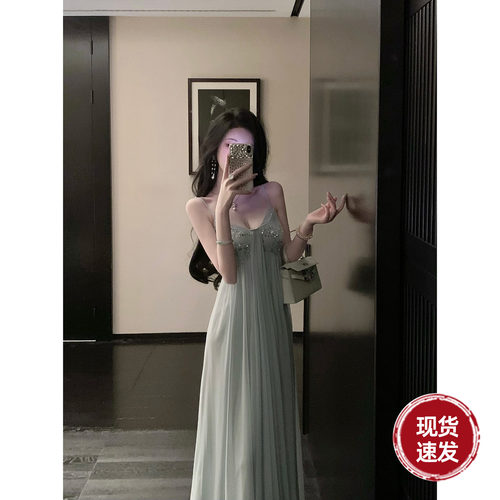 Sun雅乔【钻石海】春夏宽松A字裙亮片钉珠网纱飘带吊带连衣长裙