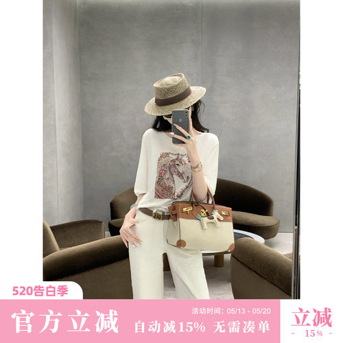Sun雅乔【小马T】夏季薄上衣圆领轻奢骏马烫钻天丝长袖宽松T恤女