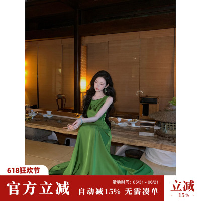 Sun雅乔【绿雾回廊】夏季高腰A字裙设计感收腰缎面无袖大摆连衣裙