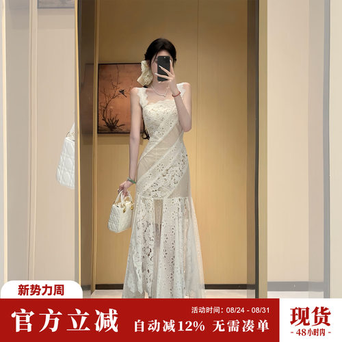 Sun雅乔【十四行诗】夏装小众设计师款蕾丝拼接修身鱼尾连衣长裙