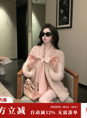 Sun雅乔【黛芙妮】冬装加厚仿皮草毛毛蝴蝶结系带环保毛绒外套女