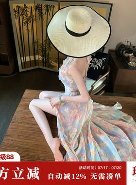 Sun雅乔【游园会】度假风沙滩露背V领侧开衩打揽挂脖连衣裙花裙子