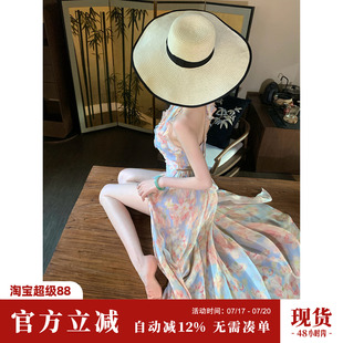 Sun雅乔【游园会】度假风沙滩露背V领侧开衩打揽挂脖连衣裙花裙子