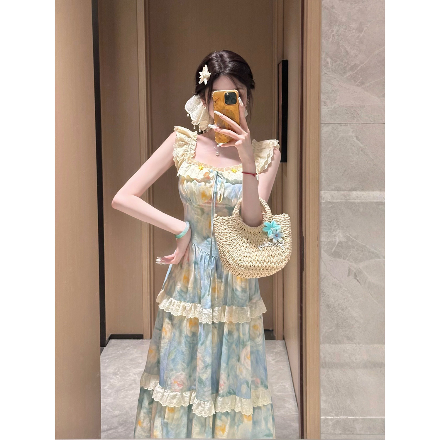 Sun雅乔【海盐花信】田园风度假全棉印花油画荷叶边吊带连衣长裙