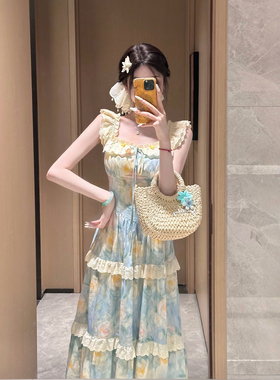 Sun雅乔【海盐花信】田园风度假全棉印花油画荷叶边吊带连衣长裙