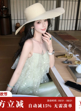 雅乔【精灵海】夏季无袖娃娃衫薄荷绿荷叶边蕾丝网纱背心上衣女