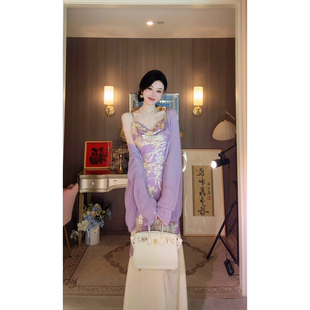 新中式 Sun雅乔 新款 夏季 国风人丝烧花蕾丝荡领连衣裙 紫烟流光