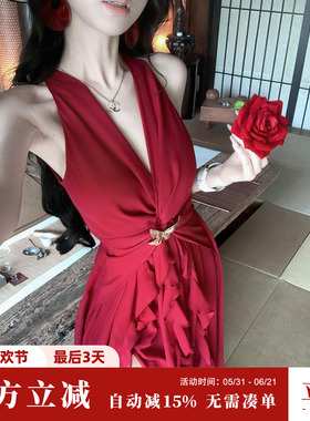 Sun雅乔【波尔多之夜】夏季无袖辣妹红色V领挂脖荷叶边雪纺连衣裙