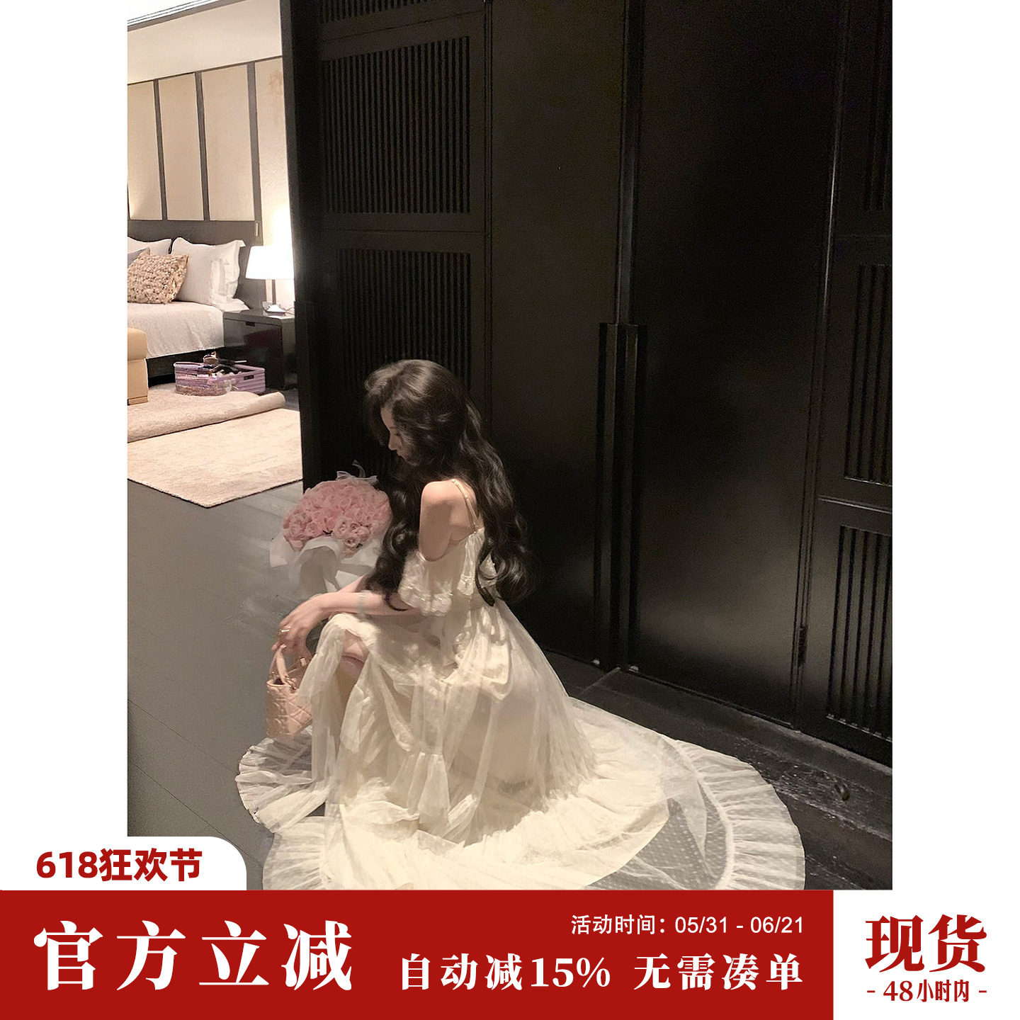 Sun雅乔【白日遐想】夏季甜美优雅A字法式温柔蕾丝网纱大摆连衣裙