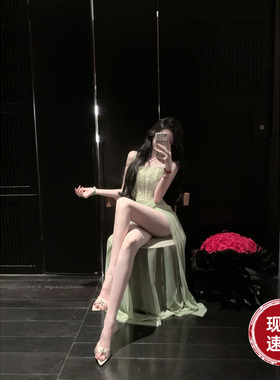 Sun雅乔【雅典娜】夏装巨好看蕾丝网纱鱼骨收腰开衩吊带连衣长裙