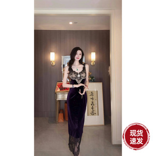 Sun雅乔 早秋名媛辣妹丝绒裙重工烫钻蕾丝拼连衣裙 黑色铃兰