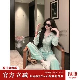 Sun雅乔【自洽美学】秋长袖连帽卫衣蕾丝亮片丝绒运动休闲套装女