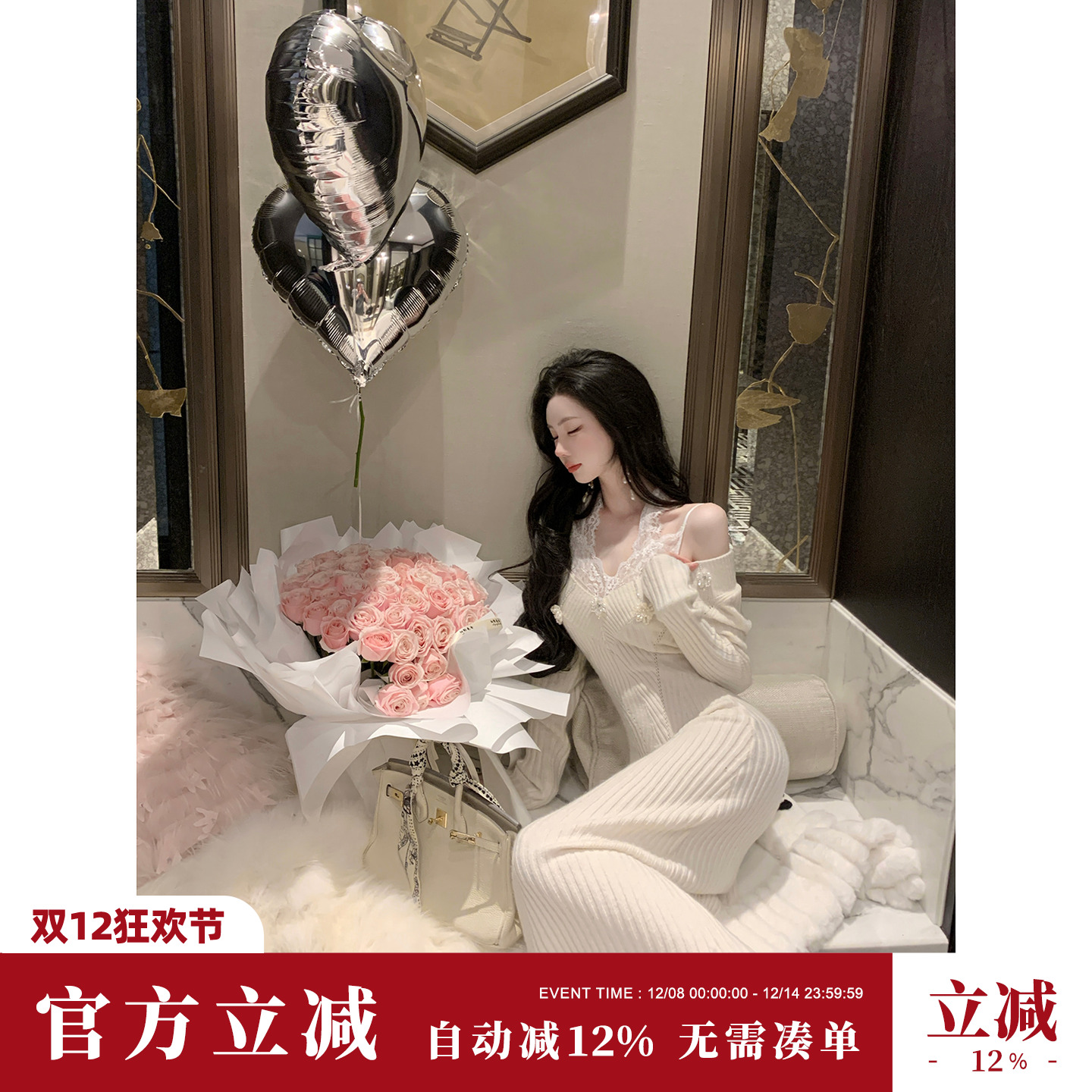 Sun雅乔【梦入江南】秋冬新款长袖含羊毛中长款毛衣V领针织连衣裙