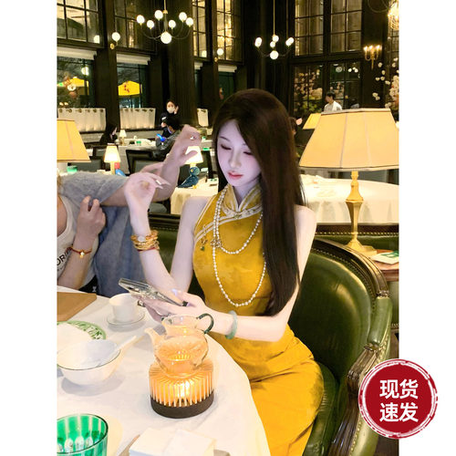 Sun雅乔【盛世太平】夏季金色暗纹提花新中式国风无袖旗袍连衣裙
