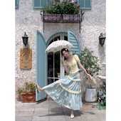 全棉上衣油画半身裙两件套装 Sun雅乔 短袖 娃娃衫 海盐花信 夏季