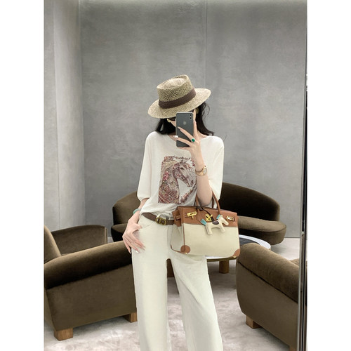Sun雅乔【小马T】夏季薄上衣圆领轻奢骏马烫钻天丝长袖宽松T恤女