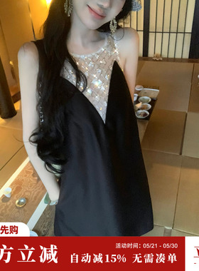 Sun雅乔【卓纳画廊】夏季新款背心裙黑白撞色千金钉珠短款连衣裙