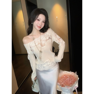 Sun雅乔【梦里看花】秋冬露肩一字肩蕾丝拼接针织打底长袖上衣女