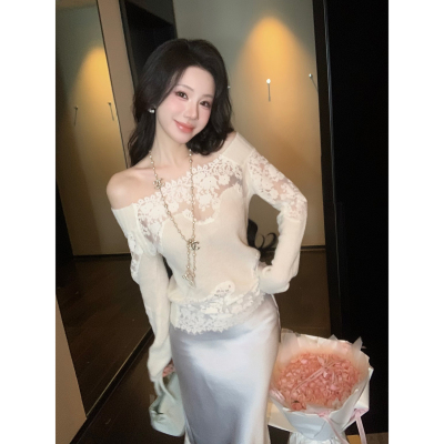 Sun雅乔【梦里看花】秋冬露肩一字肩蕾丝拼接针织打底长袖上衣女