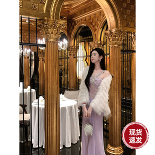 设计感蕾丝珍珠雪纺礼服吊带连衣裙 秋冬新款 Sun雅乔 希腊神谕