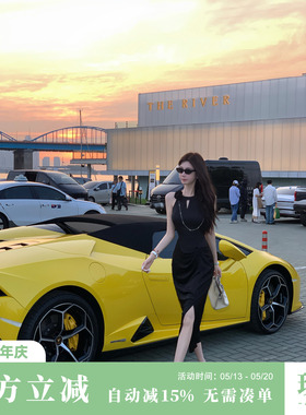 Sun雅乔【星耀于夜】夏季轻奢显瘦高级感黑色缎面烫钻挂脖连衣裙