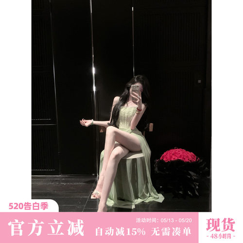 Sun雅乔【雅典娜】夏装巨好看蕾丝网纱鱼骨收腰开衩吊带连衣长裙