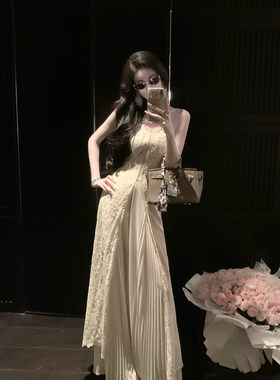 Sun雅乔【圣佩罗特】夏季钩花小众抹胸蕾丝外褂式开衩连衣裙长裙