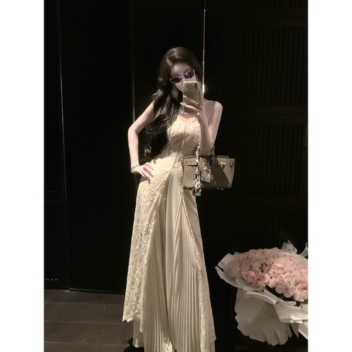 Sun雅乔【圣佩罗特】夏季钩花小众抹胸蕾丝外褂式开衩连衣裙长裙