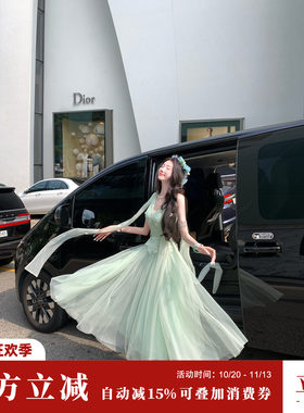 Sun雅乔【薄荷精灵】夏季超仙儿大裙摆高腰中长款网纱蕾丝连衣裙