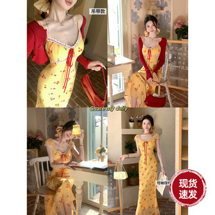 雅乔 2个版 夏季 海边度假风蕾丝花边小樱桃碎花连衣裙 樱桃蜜酿