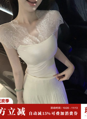 Sun雅乔 夏季短袖T恤莱赛尔蕾丝拼接修身内搭背心上衣女
