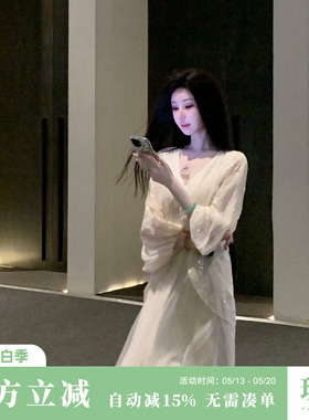Sun雅乔【金玉浮图】春装复古提花宽松蝙蝠袖假两件长袖连衣长裙