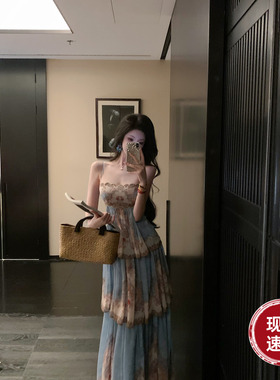Sun雅乔【黄金海岸】夏季小众欧式度假印花大摆蛋糕裙吊带连衣裙