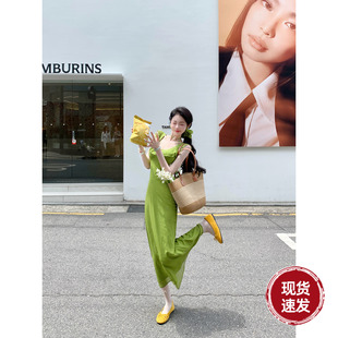 法式 夏季 U领荷叶边超显白绿色碎花雪纺连衣裙 森林雨露 Sun雅乔